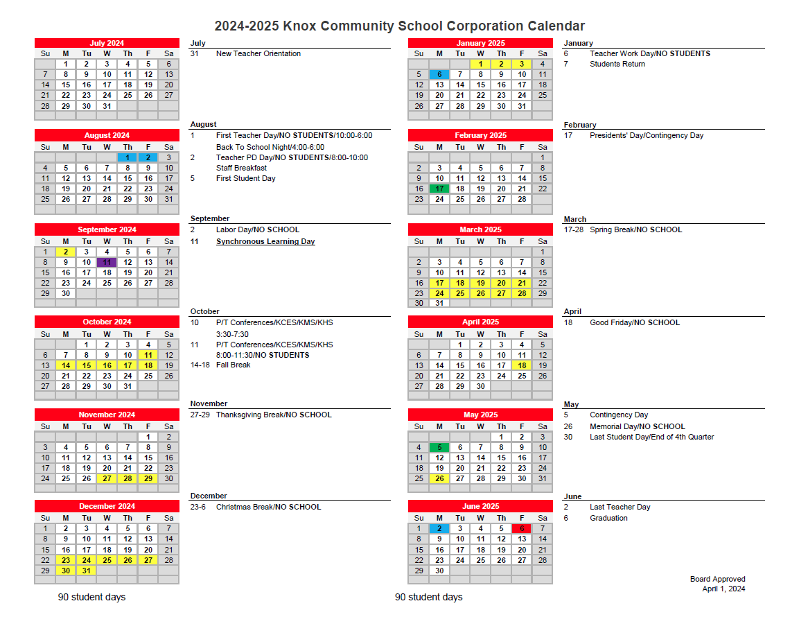 2425 Approved School Calendar Knox Community School Corporation